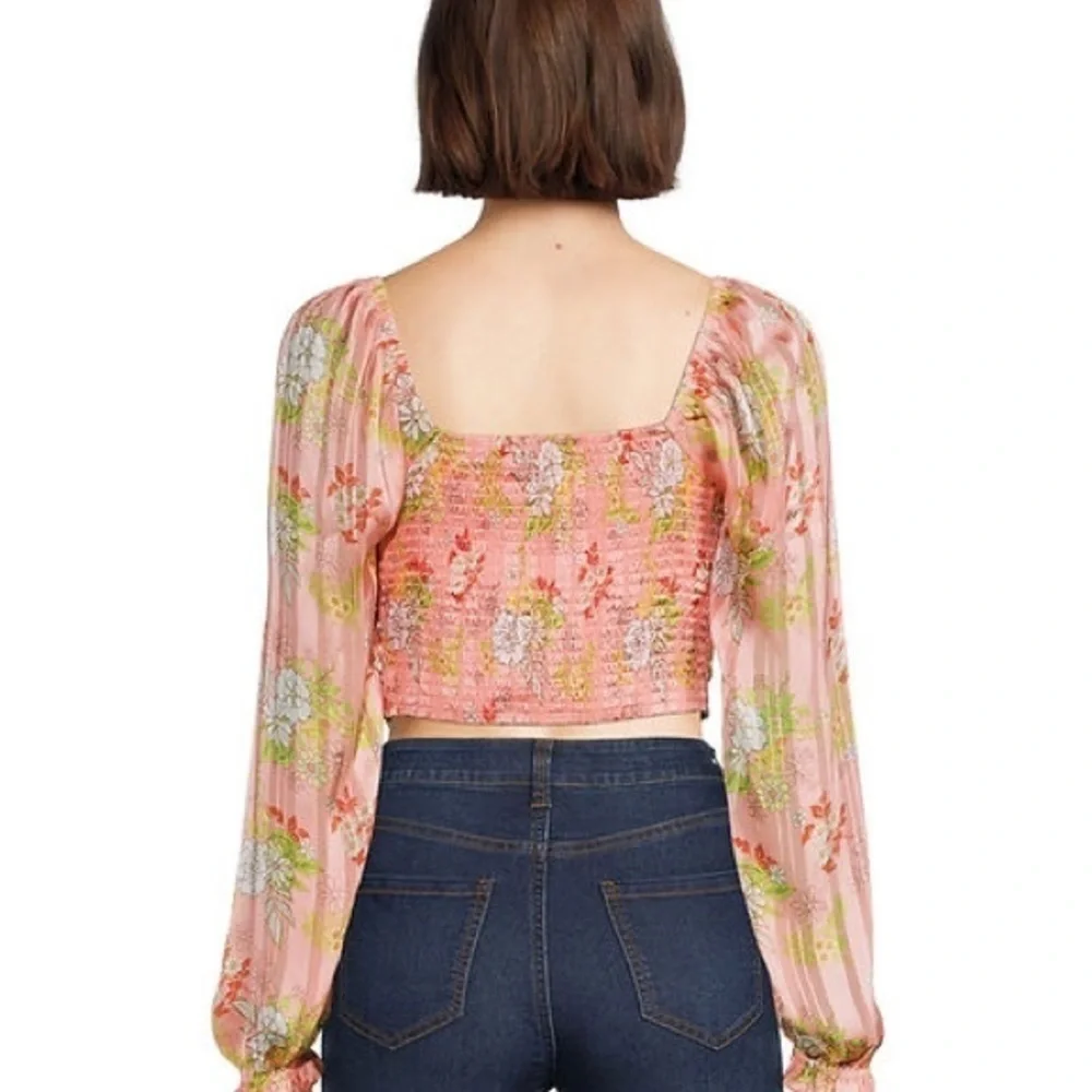 Madden NYC Junior's‎ Orange Floral Ruched Front Top with Sheering & Bra Cup - Picture 12 of 13